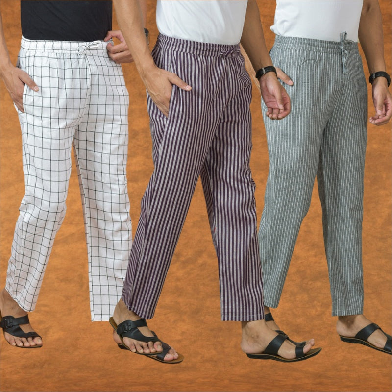 COMBO OF 3 MEN STRIPE COTTON HANDLOOM PANT PURPLE GRAY AND WHITE