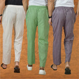 COMBO OF 3 MEN STRIPE COTTON HANDLOOM PANT PURPLE OLIVE GREEN AND BEIGE