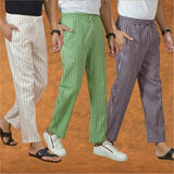 COMBO OF 3 MEN STRIPE COTTON HANDLOOM PANT PURPLE OLIVE GREEN AND BEIGE