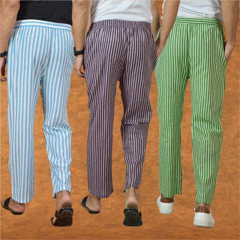 COMBO OF 3 MEN STRIPE COTTON HANDLOOM PANT PURPLE OLIVE GREEN AND SKY BLUE