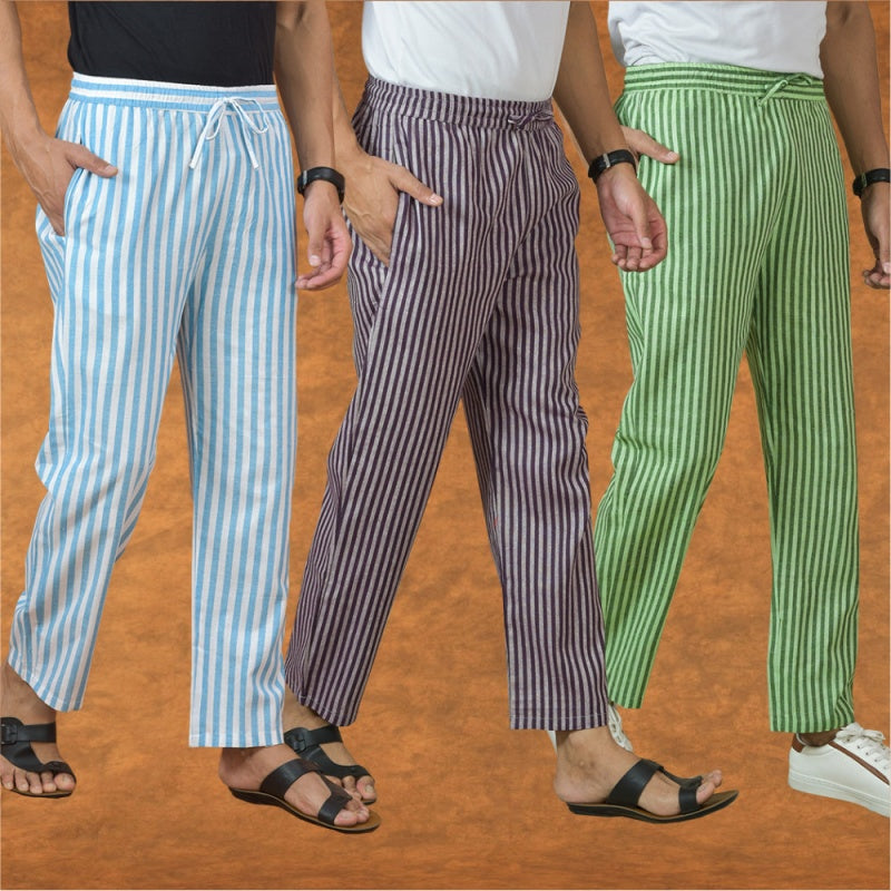 COMBO OF 3 MEN STRIPE COTTON HANDLOOM PANT PURPLE OLIVE GREEN AND SKY BLUE
