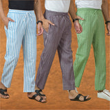 COMBO OF 3 MEN STRIPE COTTON HANDLOOM PANT PURPLE OLIVE GREEN AND SKY BLUE