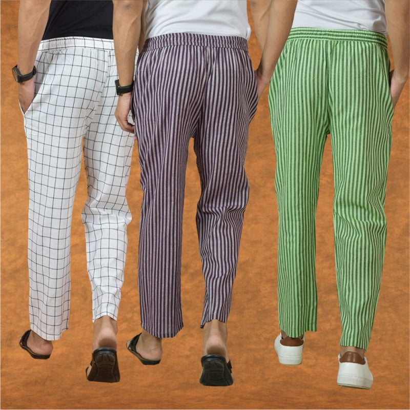 COMBO OF 3 MEN STRIPE COTTON HANDLOOM PANT PURPLE OLIVE GREEN AND WHITE