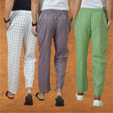COMBO OF 3 MEN STRIPE COTTON HANDLOOM PANT PURPLE OLIVE GREEN AND WHITE