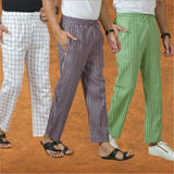 COMBO OF 3 MEN STRIPE COTTON HANDLOOM PANT PURPLE OLIVE GREEN AND WHITE