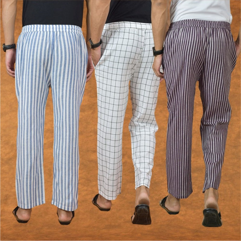 COMBO OF 3 MEN STRIPE COTTON HANDLOOM PANT PURPLE WHITE AND BLUE