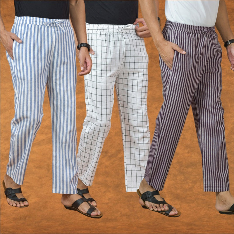 COMBO OF 3 MEN STRIPE COTTON HANDLOOM PANT PURPLE WHITE AND BLUE
