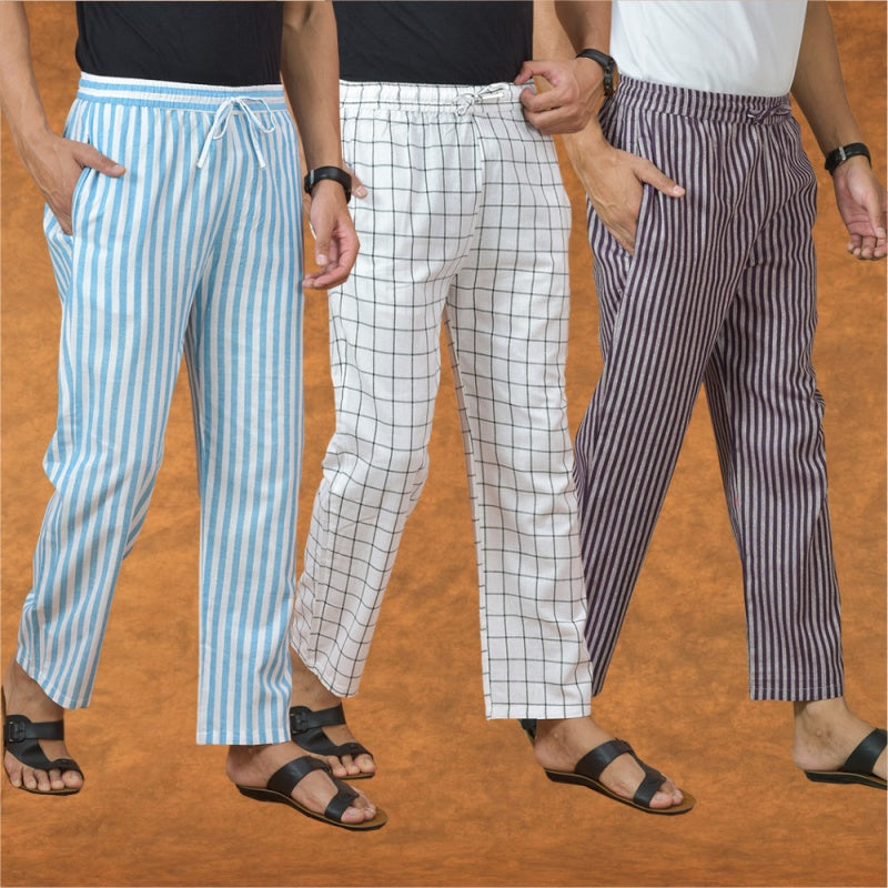 COMBO OF 3 MEN STRIPE COTTON HANDLOOM PANT PURPLE WHITE AND SKY BLUE