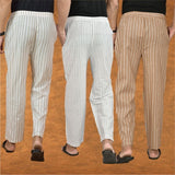 COMBO OF 3 MEN STRIPE COTTON HANDLOOM PANT WHITE BEIGE AND BEIGE