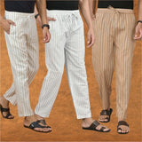 COMBO OF 3 MEN STRIPE COTTON HANDLOOM PANT WHITE BEIGE AND BEIGE