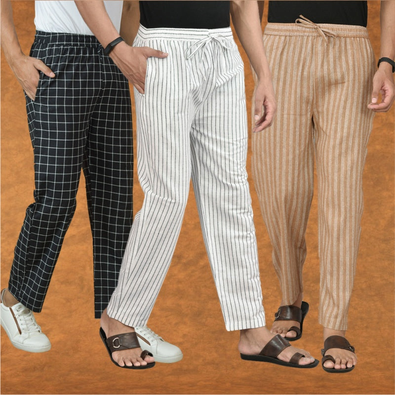 COMBO OF 3 MEN STRIPE COTTON HANDLOOM PANT WHITE BEIGE AND BLACK
