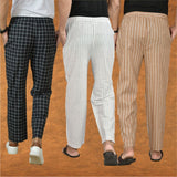 COMBO OF 3 MEN STRIPE COTTON HANDLOOM PANT WHITE BEIGE AND BLACK