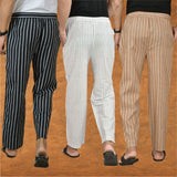 COMBO OF 3 MEN STRIPE COTTON HANDLOOM PANT WHITE BEIGE AND BLACK