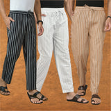 COMBO OF 3 MEN STRIPE COTTON HANDLOOM PANT WHITE BEIGE AND BLACK
