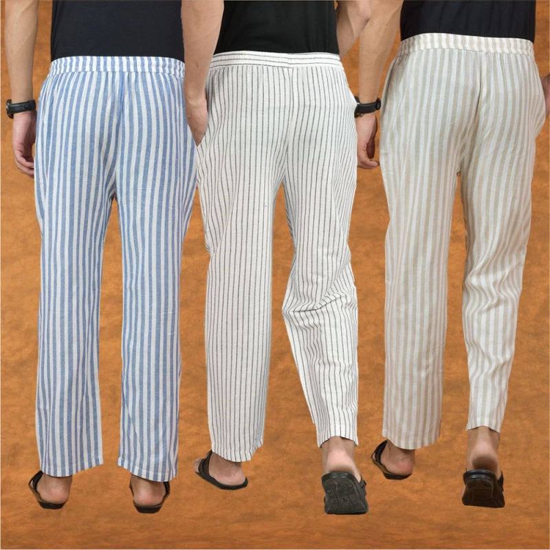 COMBO OF 3 MEN STRIPE COTTON HANDLOOM PANT WHITE BEIGE AND BLUE