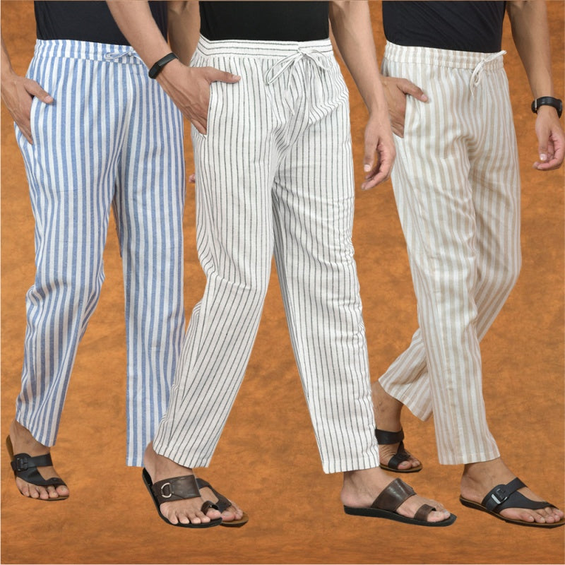 COMBO OF 3 MEN STRIPE COTTON HANDLOOM PANT WHITE BEIGE AND BLUE