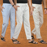 COMBO OF 3 MEN STRIPE COTTON HANDLOOM PANT WHITE BEIGE AND BLUE