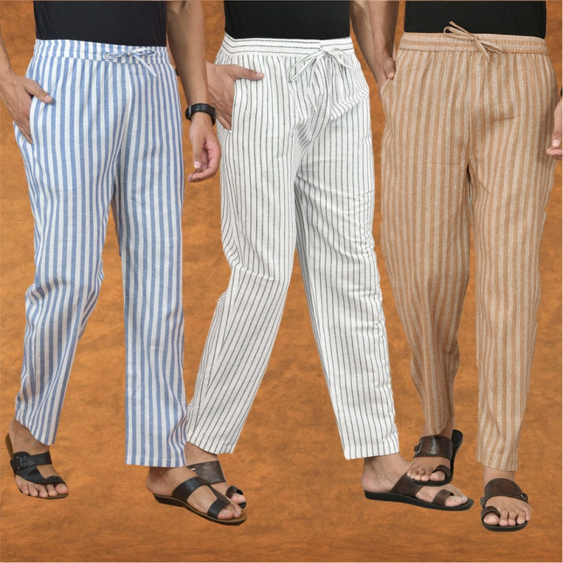COMBO OF 3 MEN STRIPE COTTON HANDLOOM PANT WHITE BEIGE AND BLUE
