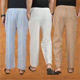 COMBO OF 3 MEN STRIPE COTTON HANDLOOM PANT WHITE BEIGE AND BLUE