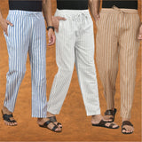 COMBO OF 3 MEN STRIPE COTTON HANDLOOM PANT WHITE BEIGE AND BLUE