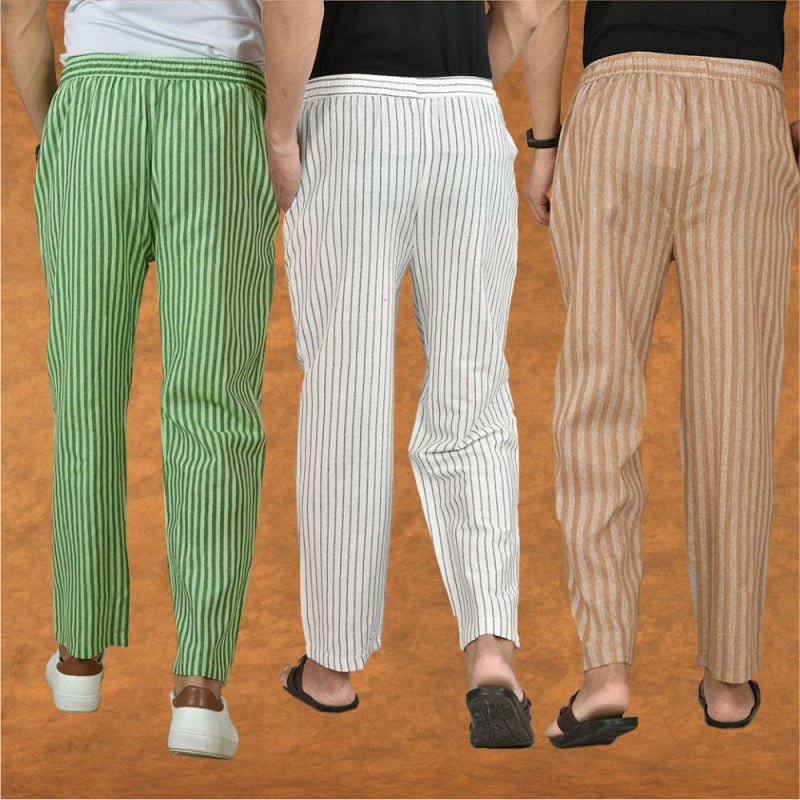 COMBO OF 3 MEN STRIPE COTTON HANDLOOM PANT WHITE BEIGE AND OLIVE GREEN