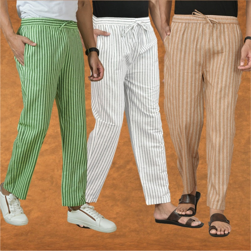 COMBO OF 3 MEN STRIPE COTTON HANDLOOM PANT WHITE BEIGE AND OLIVE GREEN