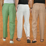 COMBO OF 3 MEN STRIPE COTTON HANDLOOM PANT WHITE BEIGE AND OLIVE GREEN