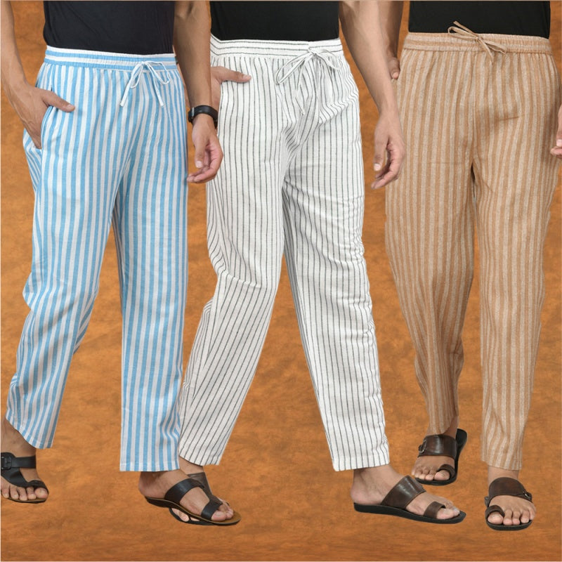 COMBO OF 3 MEN STRIPE COTTON HANDLOOM PANT WHITE BEIGE AND SKY BLUE