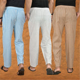 COMBO OF 3 MEN STRIPE COTTON HANDLOOM PANT WHITE BEIGE AND SKY BLUE