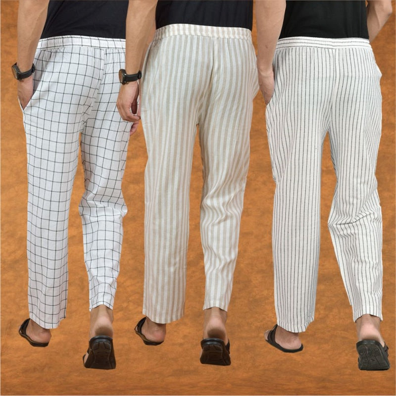 COMBO OF 3 MEN STRIPE COTTON HANDLOOM PANT WHITE BEIGE AND WHITE