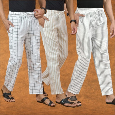 COMBO OF 3 MEN STRIPE COTTON HANDLOOM PANT WHITE BEIGE AND WHITE