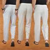 COMBO OF 3 MEN STRIPE COTTON HANDLOOM PANT WHITE BEIGE AND WHITE
