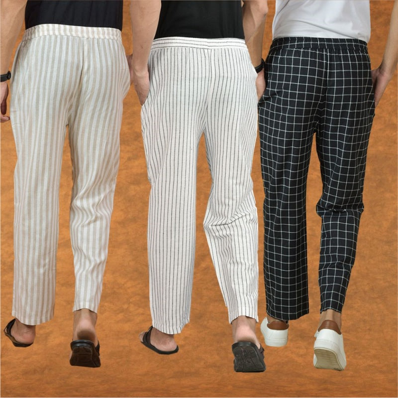 COMBO OF 3 MEN STRIPE COTTON HANDLOOM PANT WHITE BLACK AND BEIGE