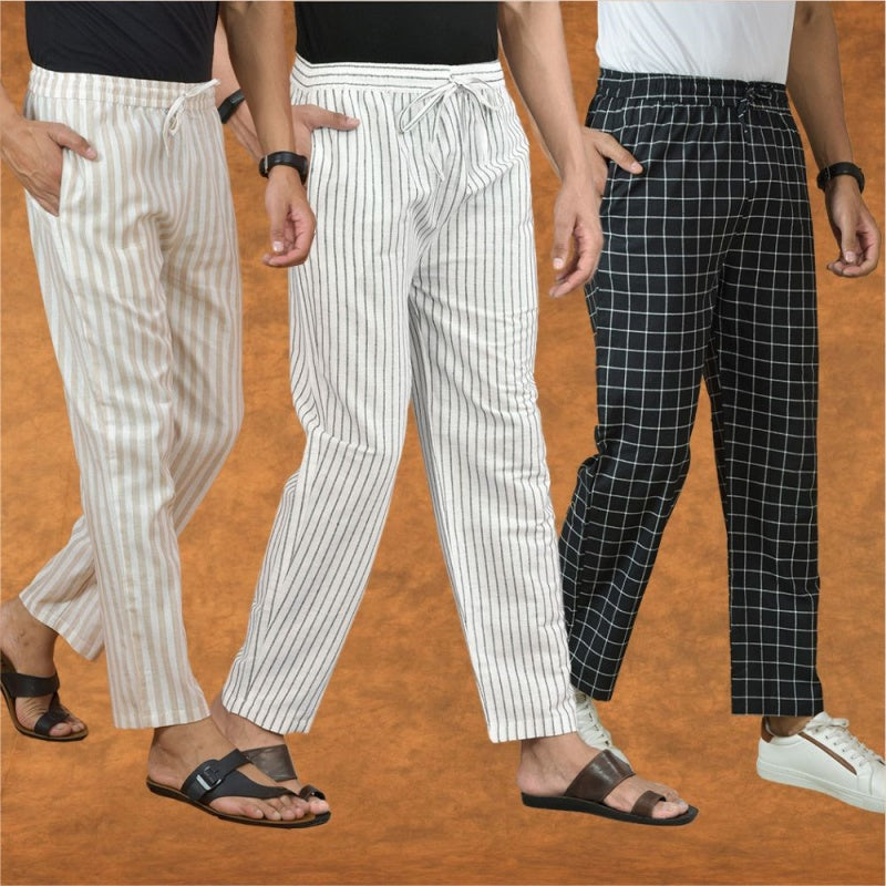 COMBO OF 3 MEN STRIPE COTTON HANDLOOM PANT WHITE BLACK AND BEIGE