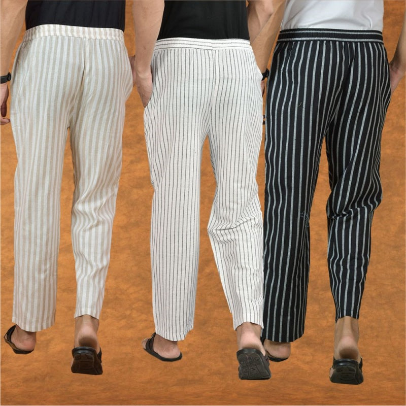 COMBO OF 3 MEN STRIPE COTTON HANDLOOM PANT WHITE BLACK AND BEIGE