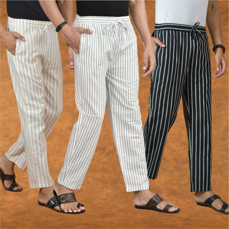 COMBO OF 3 MEN STRIPE COTTON HANDLOOM PANT WHITE BLACK AND BEIGE