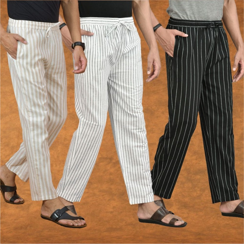 COMBO OF 3 MEN STRIPE COTTON HANDLOOM PANT WHITE BLACK AND BEIGE