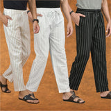 COMBO OF 3 MEN STRIPE COTTON HANDLOOM PANT WHITE BLACK AND BEIGE