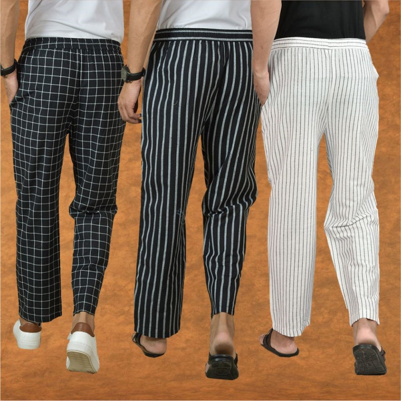 COMBO OF 3 MEN STRIPE COTTON HANDLOOM PANT WHITE BLACK AND BLACK