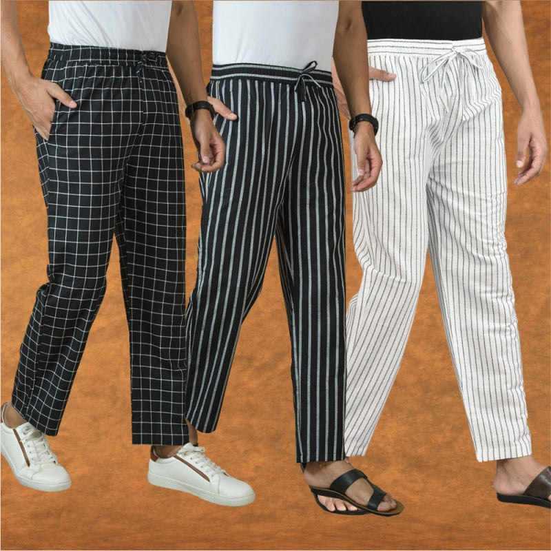COMBO OF 3 MEN STRIPE COTTON HANDLOOM PANT WHITE BLACK AND BLACK