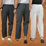 COMBO OF 3 MEN STRIPE COTTON HANDLOOM PANT WHITE BLACK AND BLACK