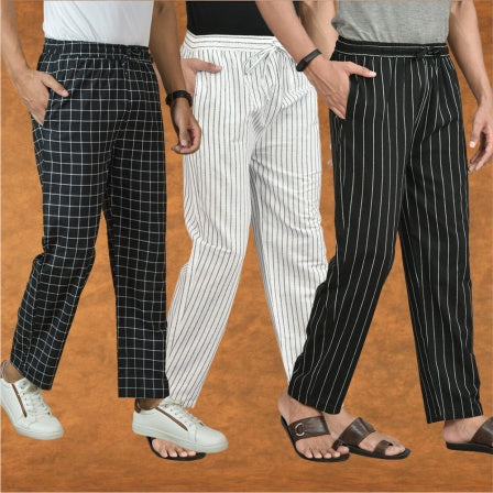 COMBO OF 3 MEN STRIPE COTTON HANDLOOM PANT WHITE BLACK AND BLACK