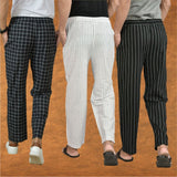 COMBO OF 3 MEN STRIPE COTTON HANDLOOM PANT WHITE BLACK AND BLACK