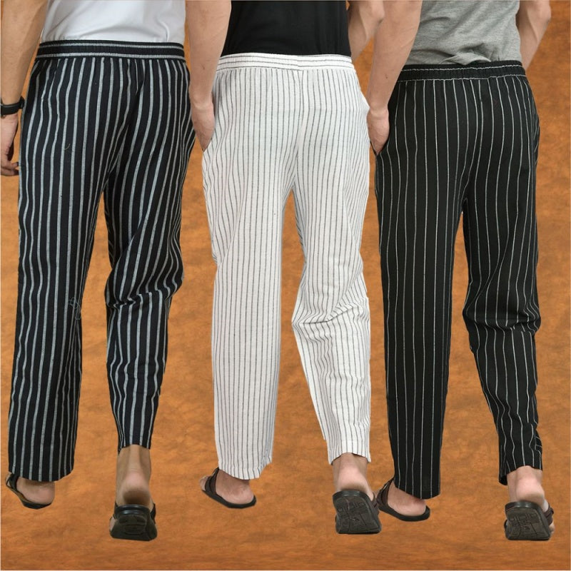 COMBO OF 3 MEN STRIPE COTTON HANDLOOM PANT WHITE BLACK AND BLACK
