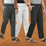 COMBO OF 3 MEN STRIPE COTTON HANDLOOM PANT WHITE BLACK AND BLACK