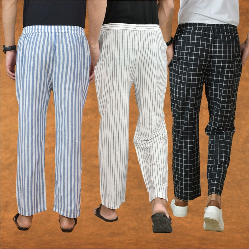 COMBO OF 3 MEN STRIPE COTTON HANDLOOM PANT WHITE BLACK AND BLUE