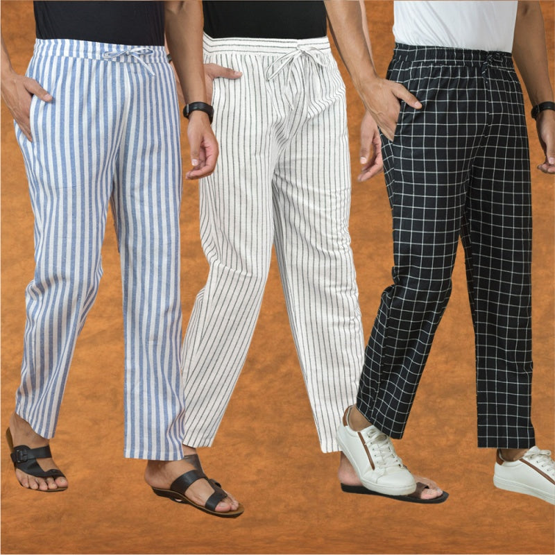 COMBO OF 3 MEN STRIPE COTTON HANDLOOM PANT WHITE BLACK AND BLUE