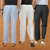 COMBO OF 3 MEN STRIPE COTTON HANDLOOM PANT WHITE BLACK AND BLUE