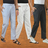 COMBO OF 3 MEN STRIPE COTTON HANDLOOM PANT WHITE BLACK AND BLUE