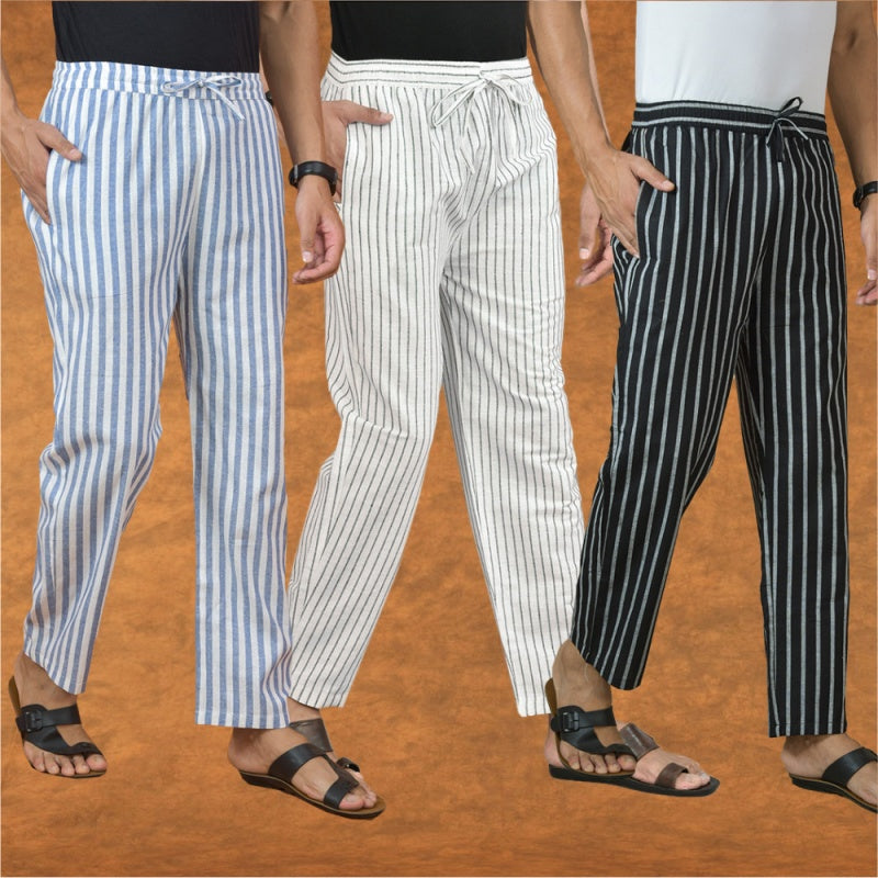 COMBO OF 3 MEN STRIPE COTTON HANDLOOM PANT WHITE BLACK AND BLUE-15244